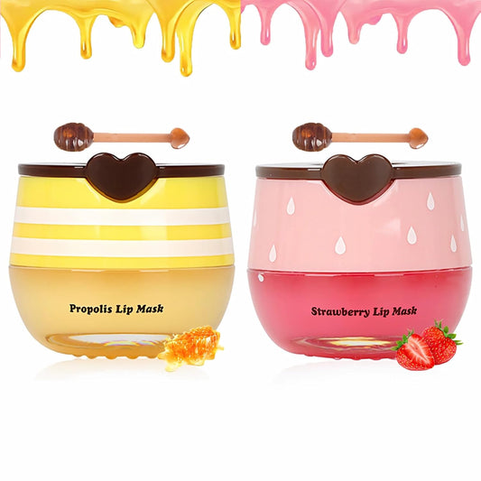 2 piezas de mascarilla labial de miel de abeja, mascarilla labial de miel y fresa, bálsamo labial de propóleo hidratante con palo - Exfoliante labial hidratante para prevenir la prevención de labios