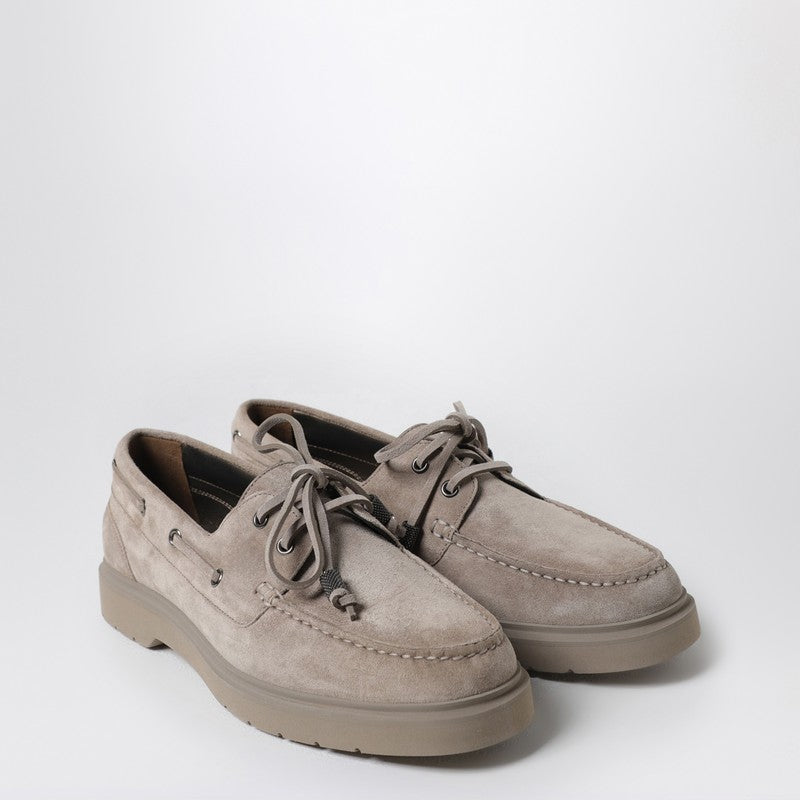 Brunello Cucinelli Taupe Grey Suede Boat Loafer - Image 1