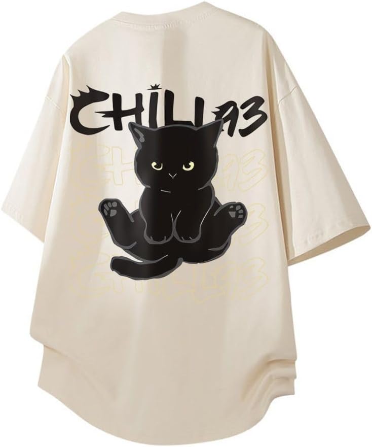 Summer Clothing, Men's, Short Sleeve, 100% Cotton, Large Size, Funny, Cute Cat Pattern, Printed, Round Neck, Half Sleeve, Top, Lightweight, Soft, Comfortable, Casual, Cute, Fashionable