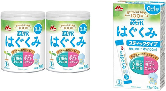 Morinaga Hagukumi Large Cans, 28.2 oz (800 g) x 2 Cans, 0 Months to 1 Years, Newborn, Baby Milk Powder, Lactoferrin, 3 Types of Oligosaccharide, Morinaga Hagukumi Stick Type, 0.5 oz (13 g) x 10