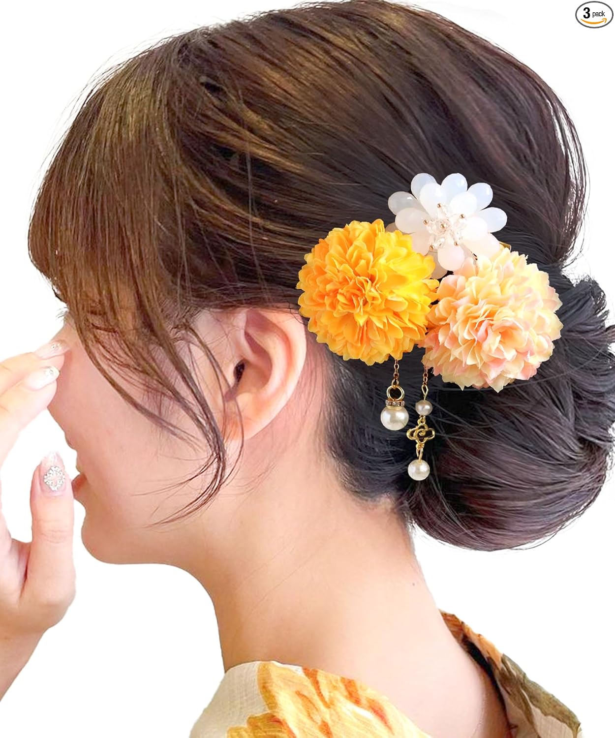 JZOON Hair Ornaments 3-Piece Set, Flowers, Yukata, Coming-of-Age Ceremony, Graduation Ceremony, Fireworks Display, Ping Pong Mom, Pearl, Hair Accessories, Cute, Long Sleeve Hakama, Coming-of-Age