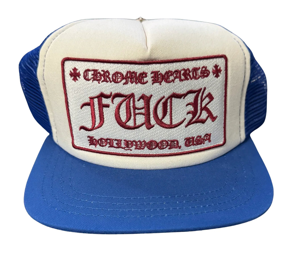 CHROME HEARTS 'FUCK' HOLLYWOOD BLUE TRUCKER HAT