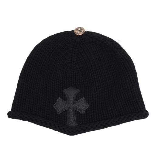 CHROME HEARTS 'BLACK' LEATHER CROSS PATCH KNIT BEANIE