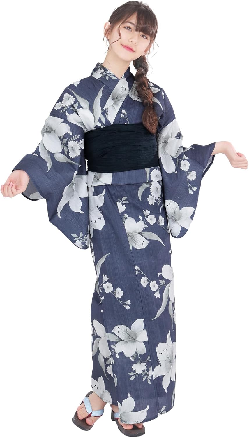 Kyoetsu Girls' Yukata Set, Junior Retro C, Changed Weaving, 2-Piece Set, Yukata, Sash, Girls