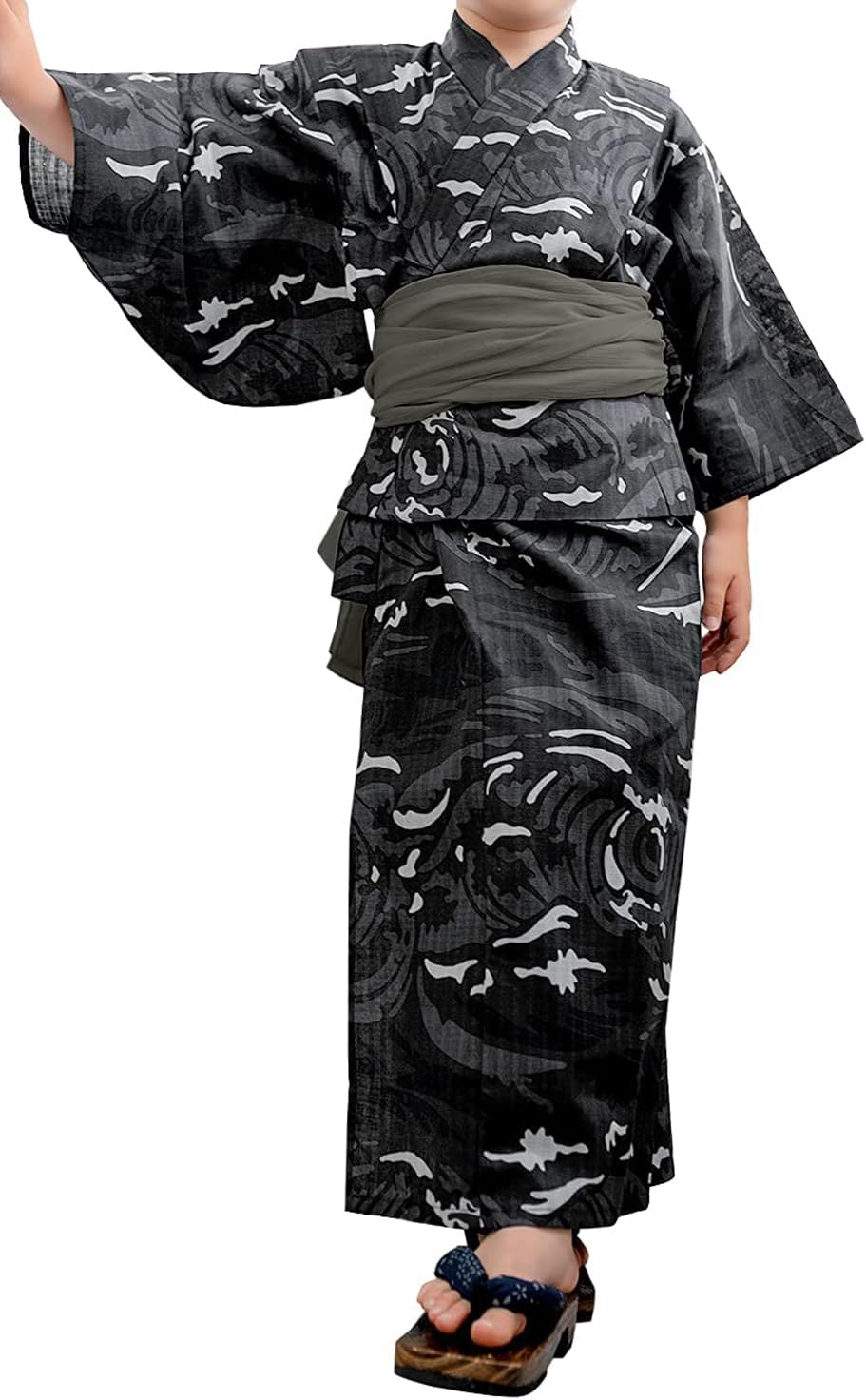 Kyoetsu Boys Yukata Set, Changeable Weaving, 3-Piece Set (Yukata, Waistband, Geta Clogs)