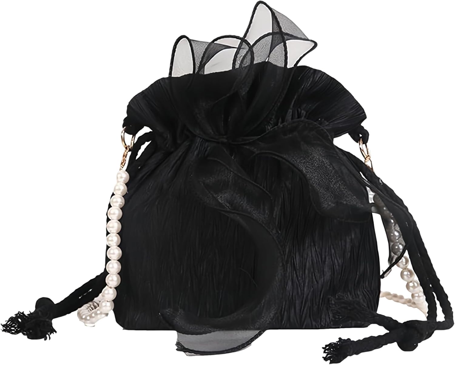 JIMIGUGUU Drawstring Bag, Shoulder Bag, Yukata Bag, Women's, Pochette, Pearl, Ribbon, Small, Mini, Diagonal Shoulder Pouch, Cute, High Visibility, Fashionable, Kimono, Trend, Coming-of-Age Ceremonies