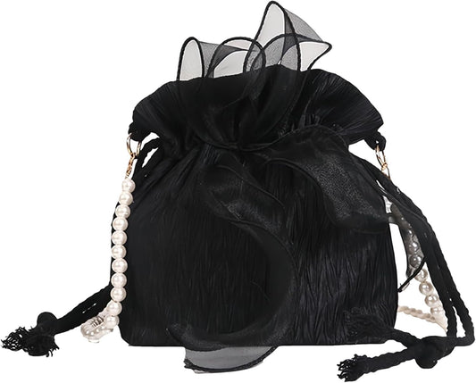 JIMIGUGUU Drawstring Bag, Shoulder Bag, Yukata Bag, Women's, Pochette, Pearl, Ribbon, Small, Mini, Diagonal Shoulder Pouch, Cute, High Visibility, Fashionable, Kimono, Trend, Coming-of-Age Ceremonies