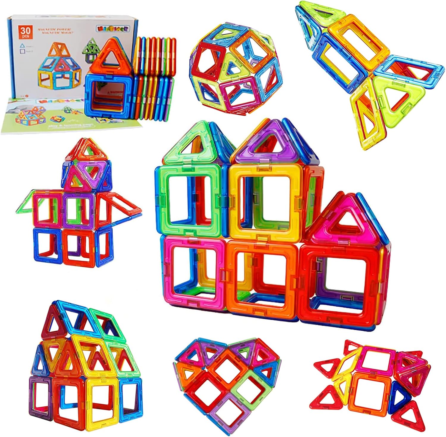 Magblock 30 Pieces Magnetic Building Blocks Magnet Toys Educational Toy for Elementary School Boys Girls Children Nursery Gift Birthday Christmas Present (Includes Japanese Manual)