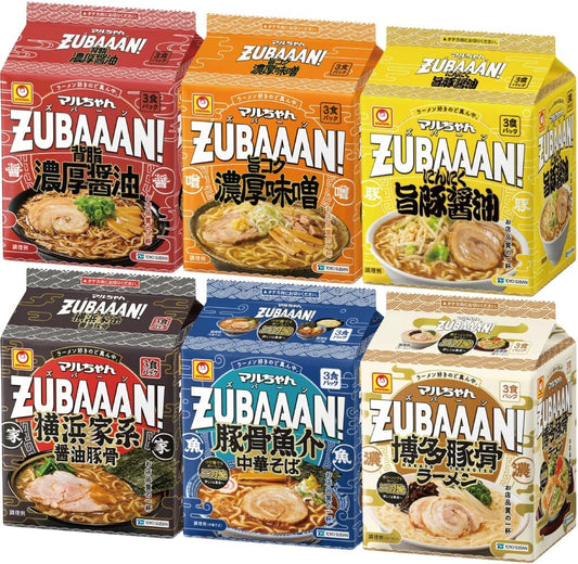 Maruchan Zubaan! Zubaan! Set of 6, 3 Servings Pack (18 servings), Rich Back Fat Soy Sauce x 1, Rich Miso x 1, Garlic Flavored Pork Sauce x 1, Yokohama Soy Sauce Pork Bone x 1, Yokohama Ikei Soy Sauce