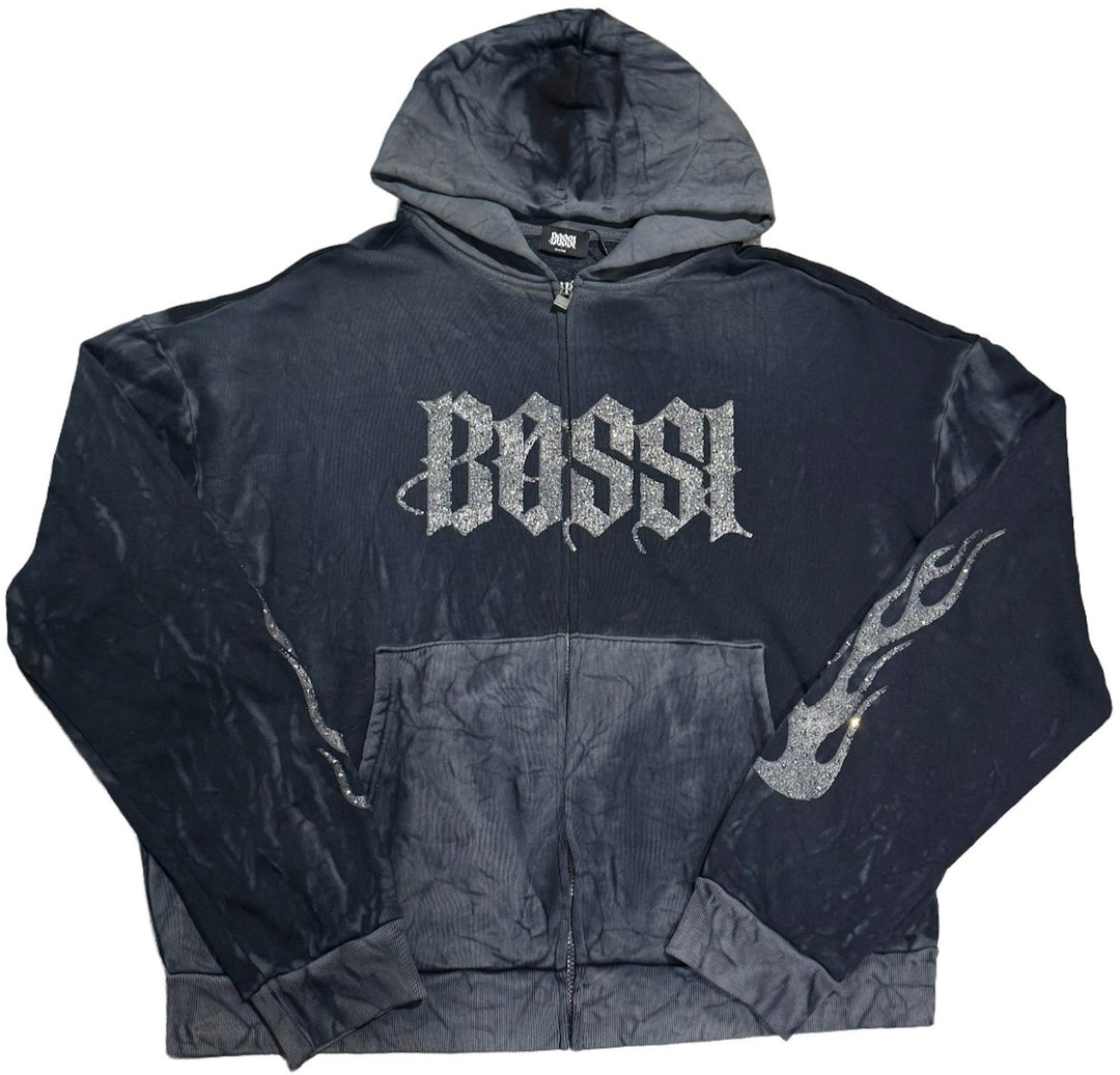 BOSSI 'SILVER FLAME' WASHED BLACK RHINESTONE ZIP-UP