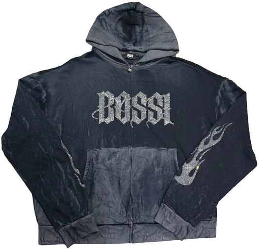 BOSSI 'SILVER FLAME' WASHED BLACK RHINESTONE ZIP-UP