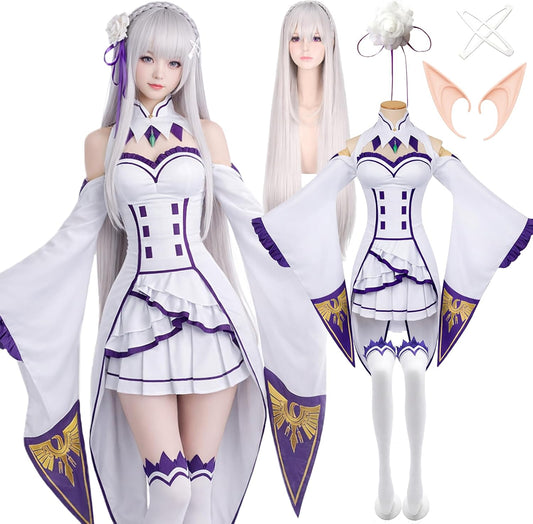[milky time] ウィッグ付き リゼロ エミリア Re:ゼロから始める異世界生活 コスプレ ハロウィン メイド エルフ