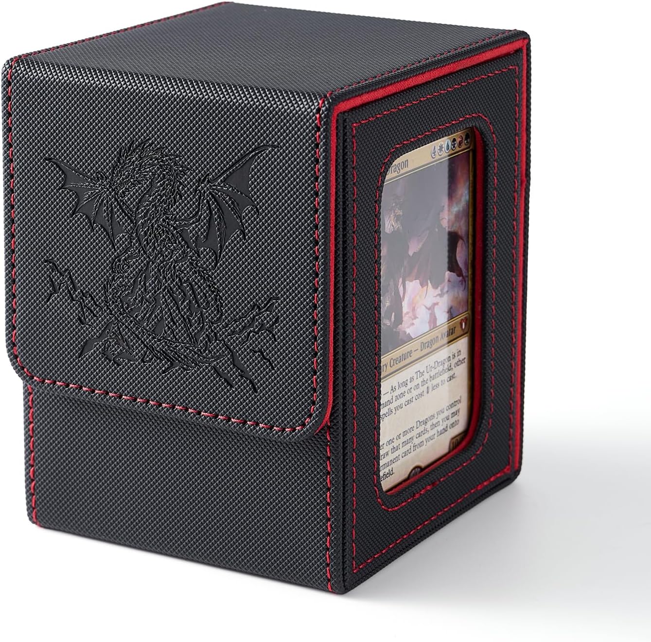 Venssu Deck Case Trading Card Case Card Display Window for 100 Cards Double and Triple Sleeve Compatible Vertical Storage with 2 Dividers and 1 Top Loader Made of Leather (Dragon)