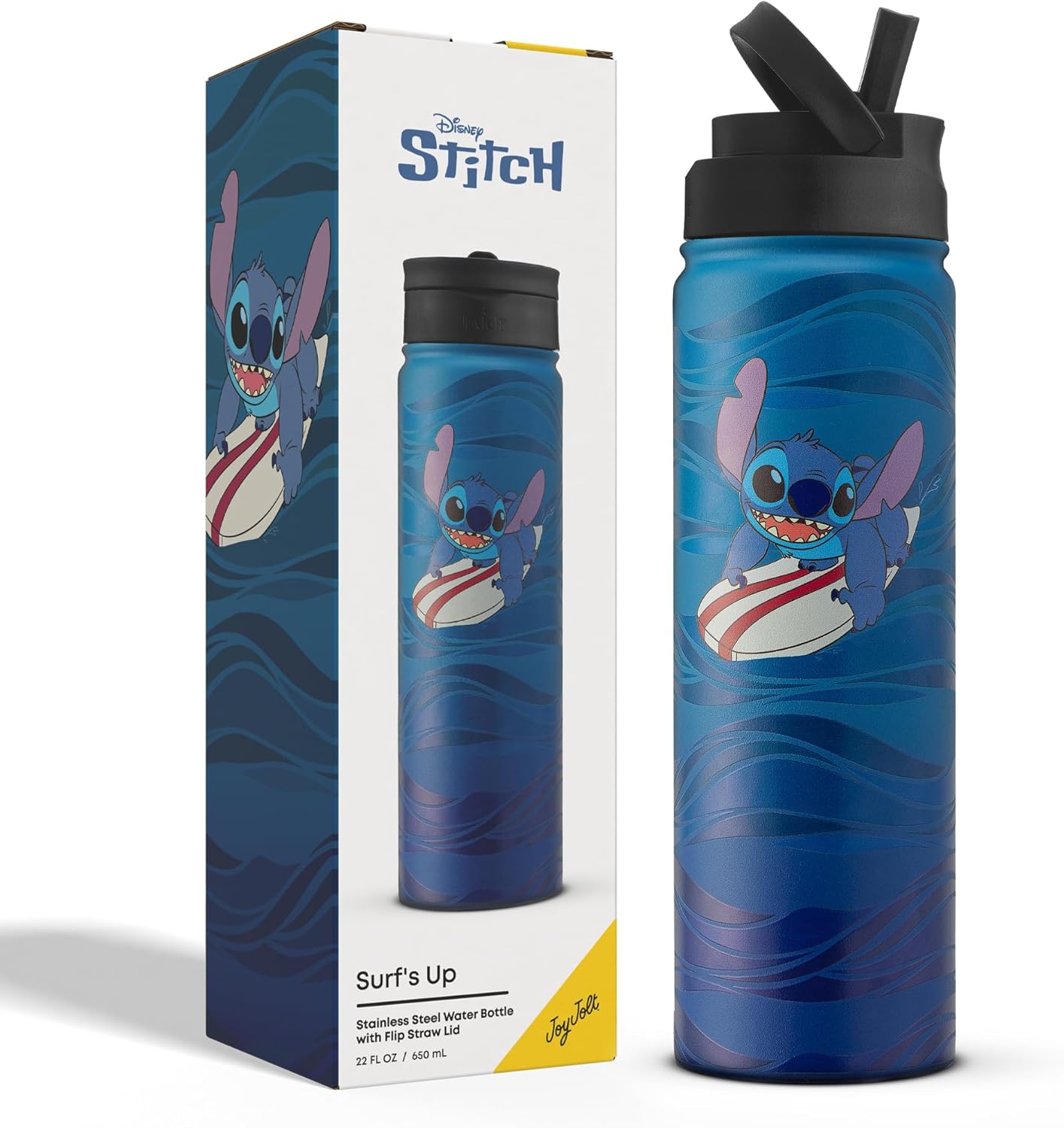 JoyJolt Disney Stitch Surf's Up - Botella de agua de acero inoxidable con tapa abatible, botella de agua aislada al vacío de 22 onzas, vaso sin BPA para escuela, gimnasio, deportes y viajes, regalos