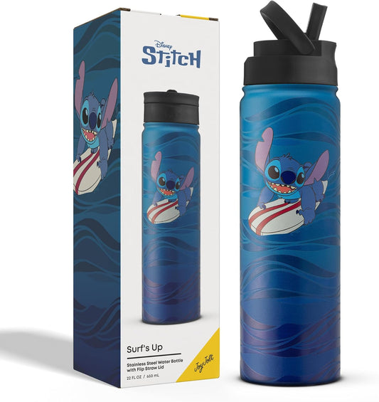 JoyJolt Disney Stitch Surf's Up - Botella de agua de acero inoxidable con tapa abatible, botella de agua aislada al vacío de 22 onzas, vaso sin BPA para escuela, gimnasio, deportes y viajes, regalos