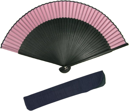 Kyoetsu Men's Folding Fan, Pure Silk, Plain, Black Ribs, 2-Piece Set (Fan and Fan Bag)