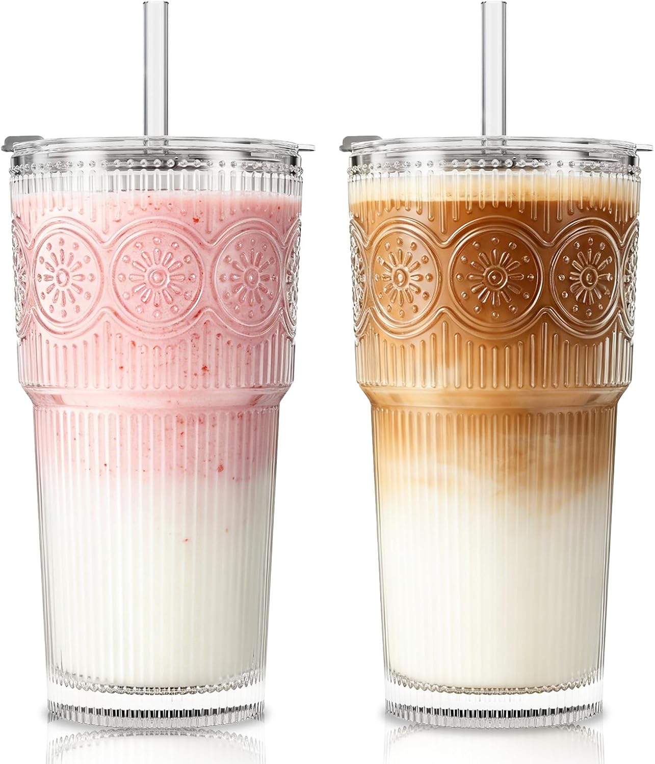 SoulTimes Juego de 2 vasos de vidrio acanalados y florales de 20 onzas, vasos de vidrio reutilizables con tapa y popote de vidrio, tazas de café helado para agua, batido, leche, cóctel y más, perfecto