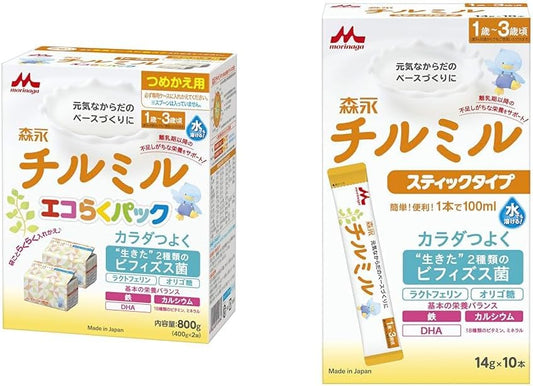 Morinaga Follow Up Milk, Chill Mill, Eco Raku Pack, Refill, 2.8 oz (800 g) x 2 Bags, Powder, 1 to 3 Years Old (Can be used from around 9 months) + Morinaga Follow-up Milk, Chill Mill, Stick Type, 0.5