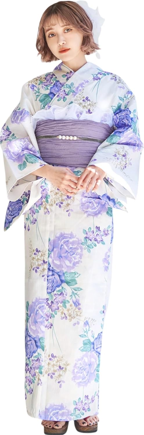 Dita Women's Yukata, 5-piece Set, Waist Belt, Purple, White, Roses, Flowers, Fancy, Girly, Antique, Large, Easy On, One Person
