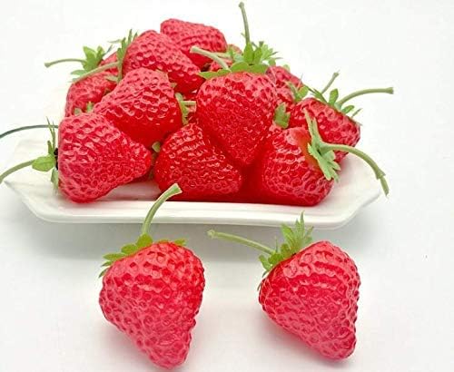 Set of 20 Fake Strawberries w/ Stems, Realistic & Lifelike Fake Food/Fruit for Cake Shop & Fruit Shop Displays and More