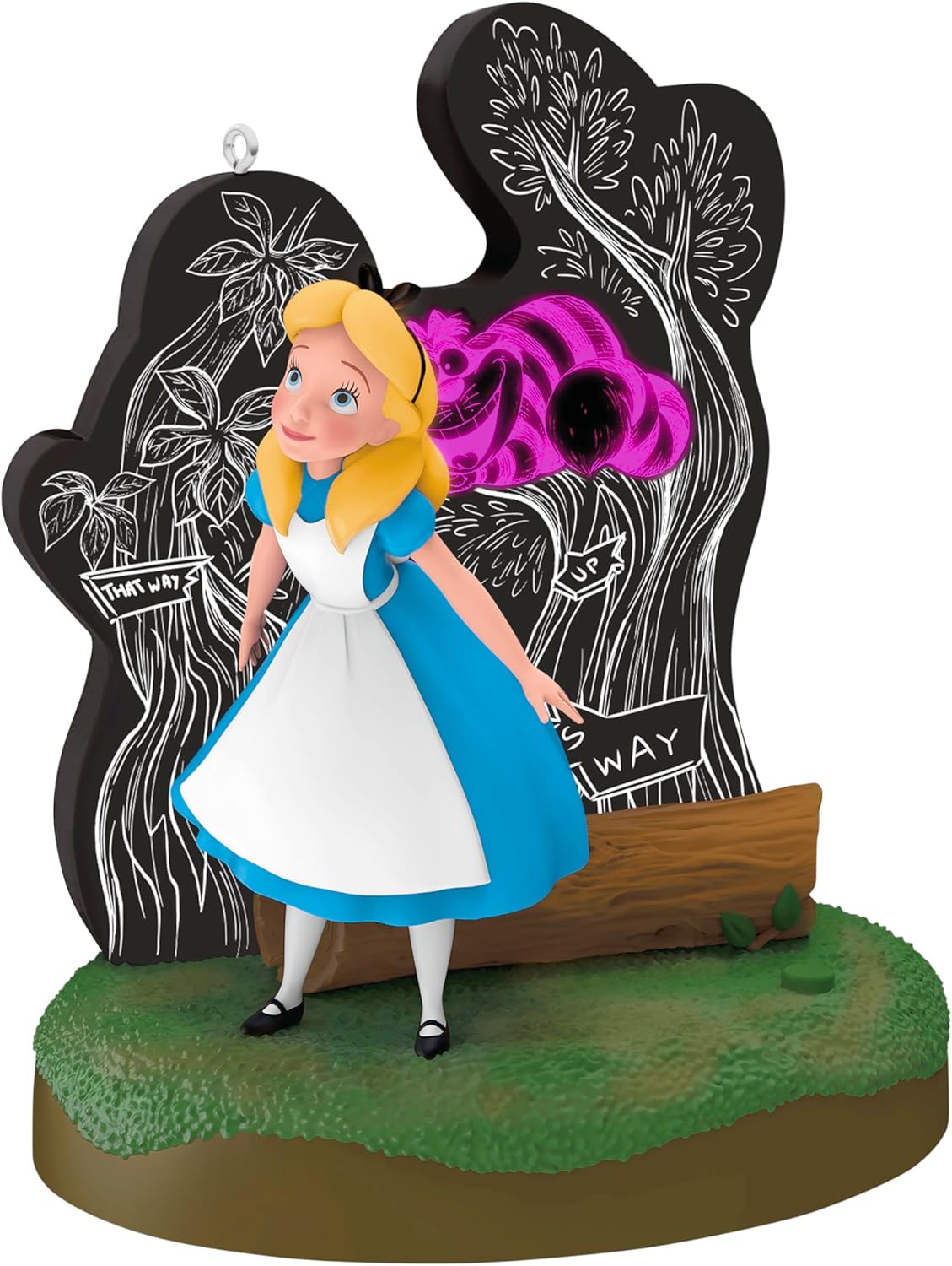 Hallmark Keepsake Adorno navideño de Disney, Alicia en el país de las maravillas y el gato de Cheshire con luz, regalos para los fanáticos de Disney