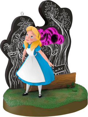 Hallmark Keepsake Adorno navideño de Disney, Alicia en el país de las maravillas y el gato de Cheshire con luz, regalos para los fanáticos de Disney