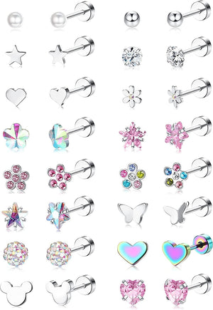 Diamday 16 Pairs Screw Back Earrings for Girls Women Stainless Steel Small Cartilage Earrings CZ Heart Flower Star Screw Back Earrings Tragus Helix Jewelry Multicolor