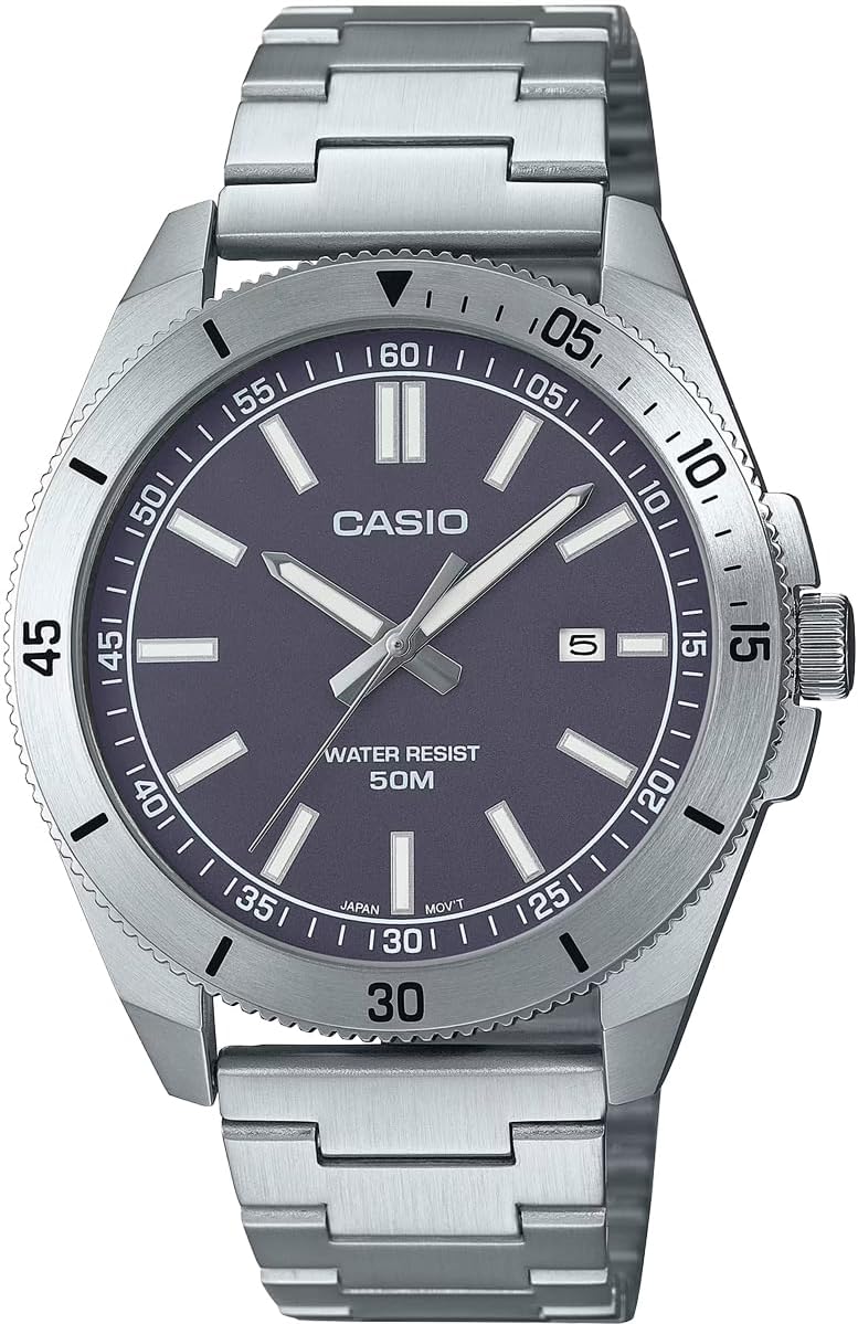 Casio MTP-B155 Series Men's Standard Quartz Analog Wristwatch, Waterproof to 5 ATM, Graish Violet Metal Band MTP-B155D-2EV, Classic