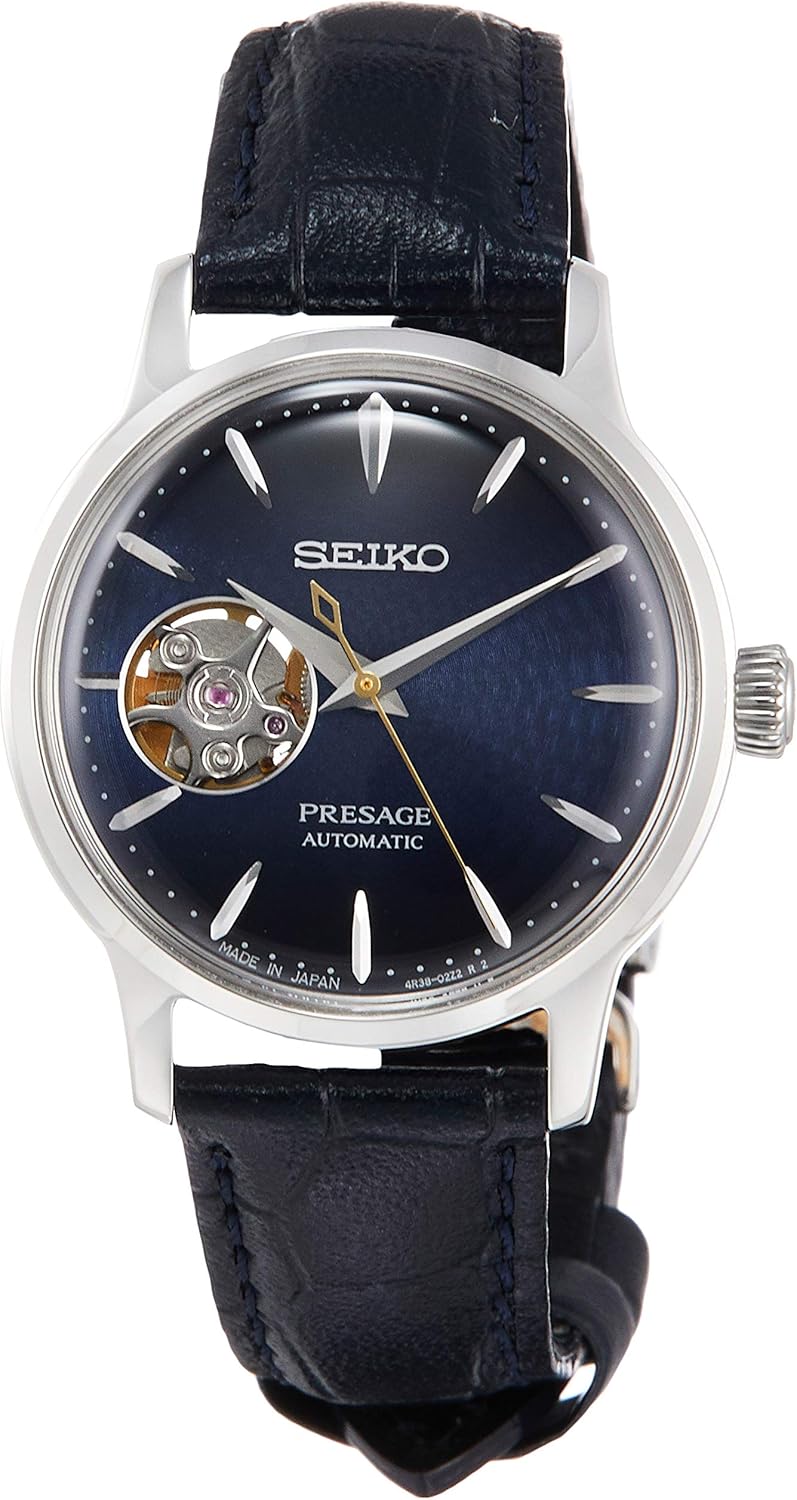 Seiko SRRY035 PRESAGE Mechanical Wristwatch, Cocktail Series, Box-Shaped Hardlex, Stamped & Wrap Finish Dial, SRRY035, Dial Color - Blue, Mechanical Cocktail Series Box Hardlex Watch
