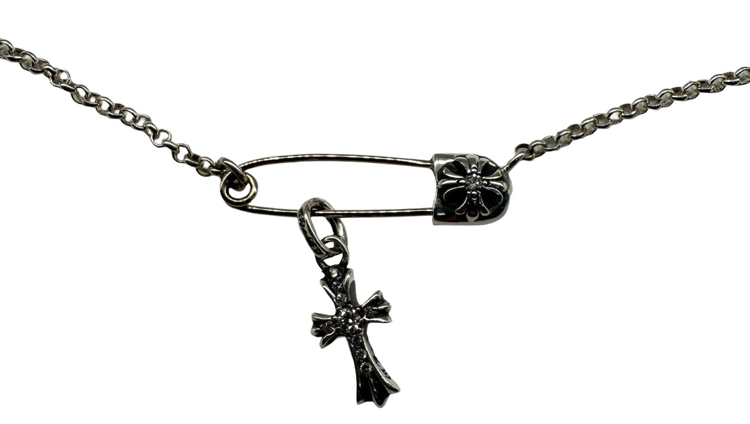 CHROME HEARTS SILVER 'SAFETY PIN AND DIAMOND CROSS' 15.5IN CHAIN NECKLACE