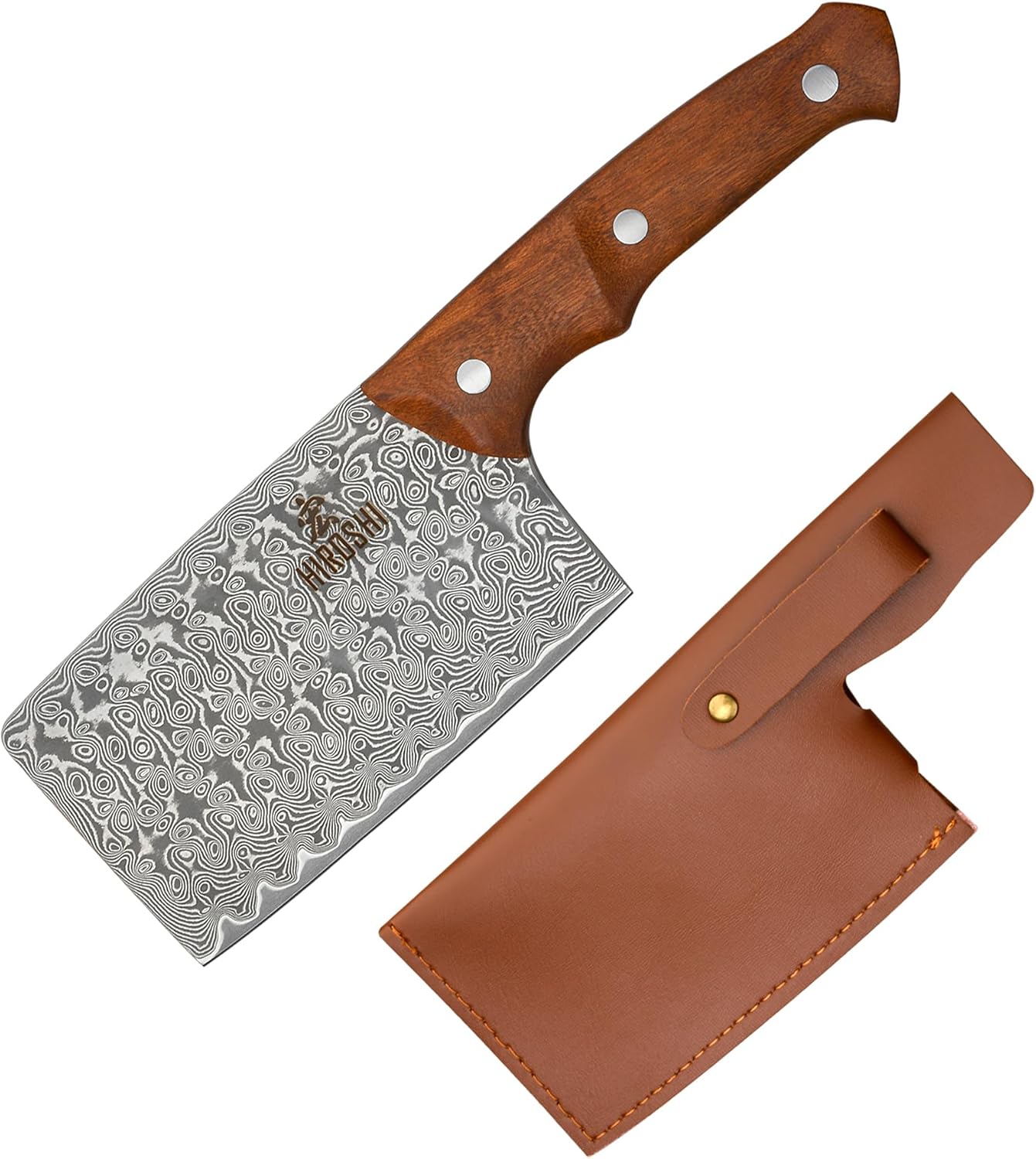 HIROSHI Damascus Vegetable Cutting Knife Small Meat Cutting Knife Mini Chinese Cleaver Thin Blade Double-Edged Super Sharp Vegetable Cleaver Lightweight Rust-Resistant Ideal for Beginners and Women