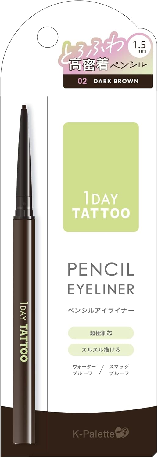 K-Palette 1 Day TATTOO Pencil Eyeliner 02 Dark Brown 0.06 g 0.06 mm Mousse Soft Ultra Fine Core with 1.5 mm Mousse Soft Ultra Fine Cores for a Clean Finish and Even Eye Look, Anti-Slip Adhesive