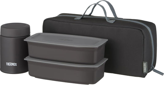 【Dishwasher Compatible Model】 Thermos Vacuum Insulated Soup Lunch Set 1.0L Black Gray with Insulated Structure Dedicated Pouch, Pouch Washable, Container Microwave Safe, Bento Box JEH-1000 BKGY