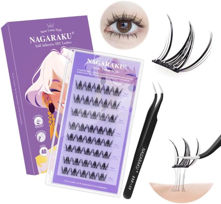 NAGARAKU Partial False Eyelashes, No Glue Required, Includes 1 Tweezer, Lightweight, One-Touch False Eyelashes, Long Retention, 0.07 mm Thick, C-Curl, Length 0.4 - 0.4 - 0.5 inches (10 - 11 - 12 mm),