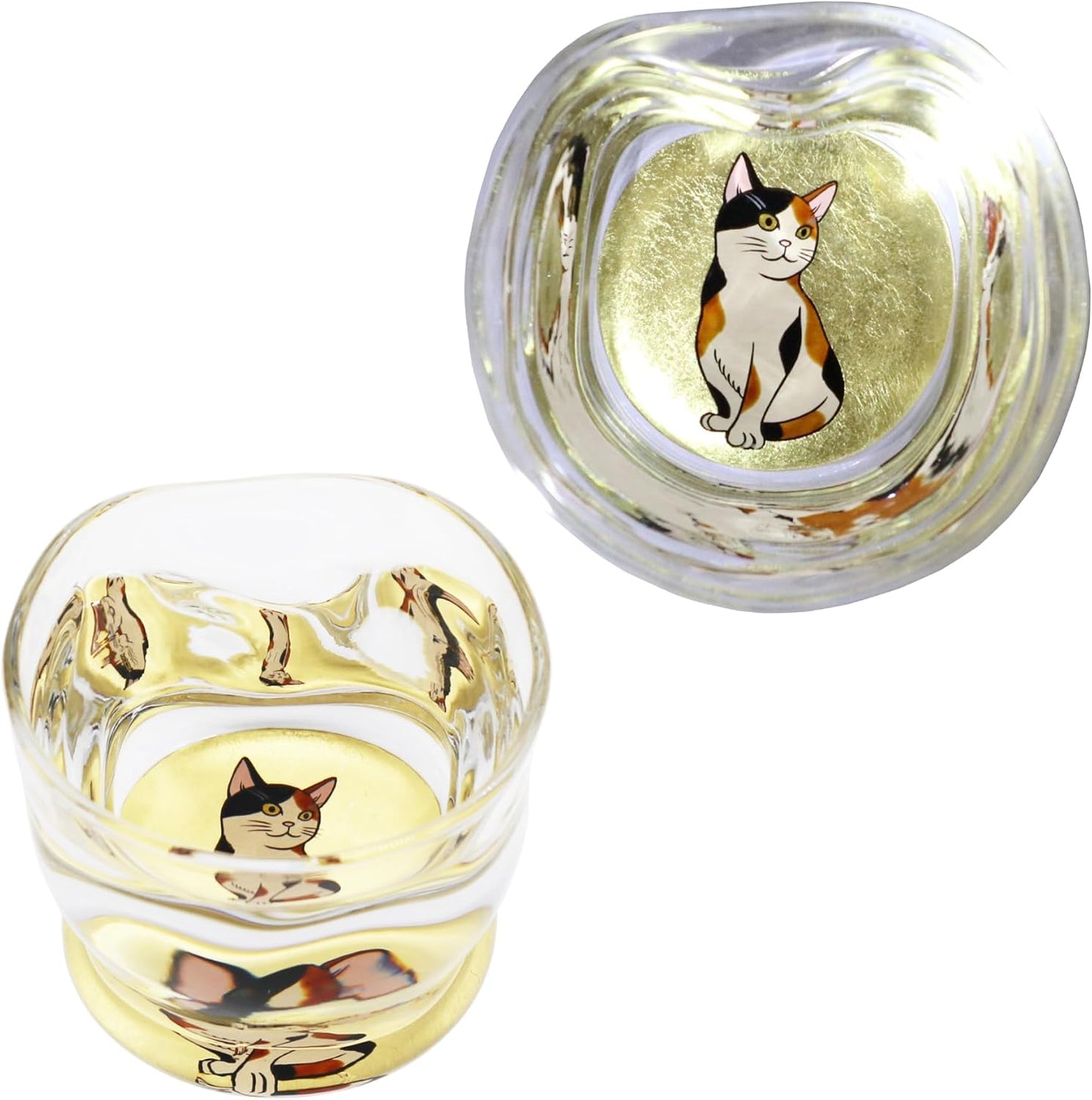 Kasyou Studio Triangular Cat Twist Shaped Glass, Kagazao, Kanzawa Gold Foil, Made in Japan, Luxury Boar Mouth (with Presentation Box/Gift)