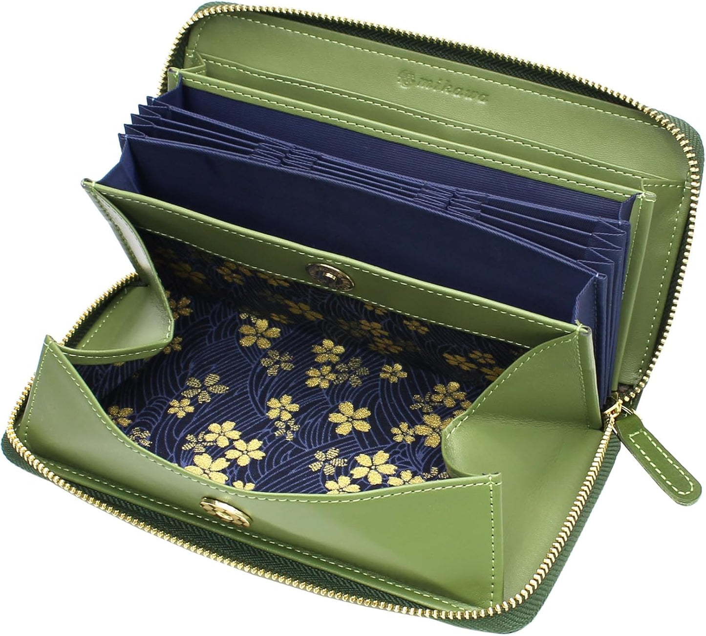 [Charming Leather] Genuine Leather Men's Long Wallet, Jabara-Style, Up to 24 Cards, YKK Zipper, Garcon-Shaped, Carbon Style, Cowhide Leather, Reiwa Specifications, Japanese Pattern, Green (tanned