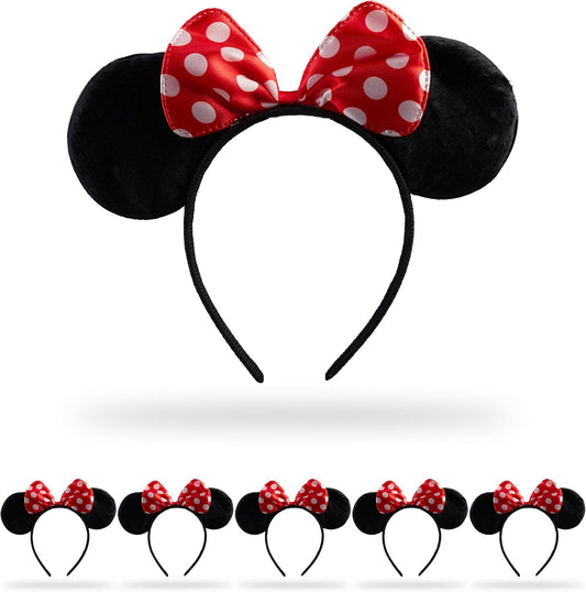 Relaxdays Minnie Ears, Pack of 6, Mouse Headband with Polka Dot Bow, Fancy Dress Accessory, Black/Red
