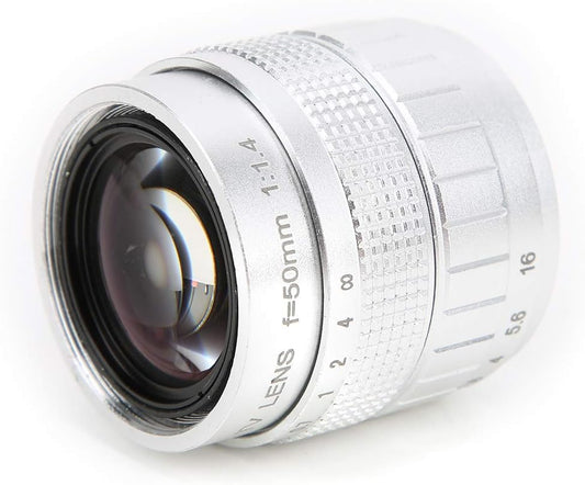 Mirrorless Camera Lens, 50mm F1.4 Manual Fixed Focus Lens Large Aperture C-Mount Lens with Adapter Ring for Olympus M4/3 for Canon Fuji Sony (Silver)