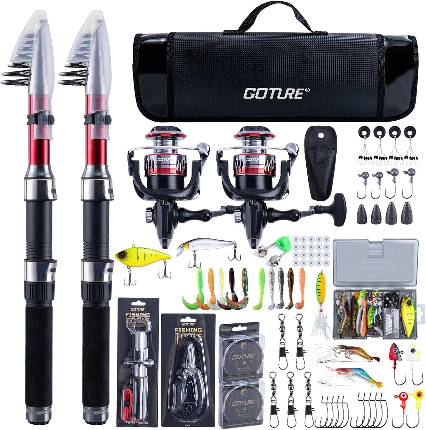 Goture Fishing Rod Set, 4.9 ft (1.8 m, 2.1 m, 2.4 m, 2.7 m), Carbon Telescopic Fishing Rods, 2 Spinning Reels, 2 Rolls of 3000 Spinning Reels, 2 Rolls of Nylon Fishing Line, 12/14 Piece Set, Lure Set