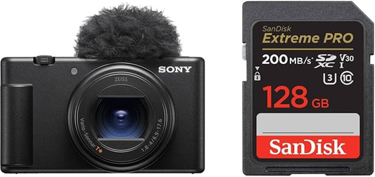 Sony ZV-1II Compact Digital Camera VLOGCAM Vlog Camera with Windscreen Zoom Lens, Black ZV-1M2 B + (Genuine SanDisk Product) SD Card, 128GB SDXC, Class 10, UHS-I V30, Reading, Up to 200MB/s SanDisk