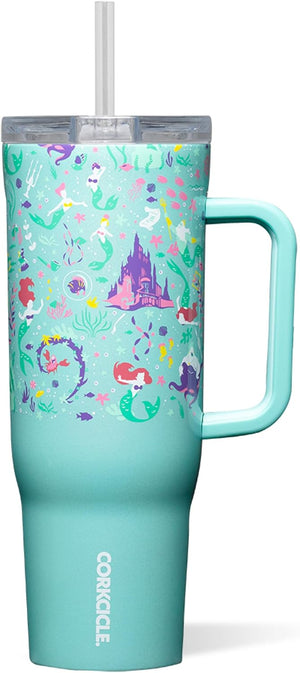 Corkcicle Cruiser - Vaso aislado con asa y pajilla, mantiene las bebidas frías 20 horas, triple aislamiento, regalo de verano, mantiene las bebidas heladas, 40 onzas, Princesa Ariel