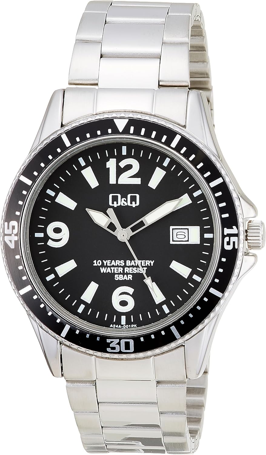 Citizen Q&Q A24A Analog Wristwatch, 10 Years Battery Life, Waterproof, Date, Metal Band, black, Classic