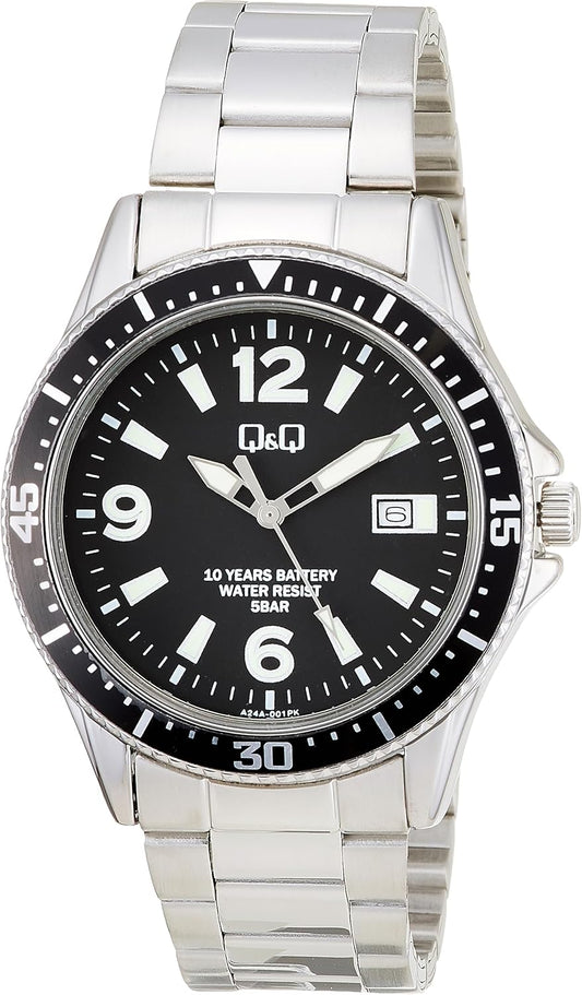 Citizen Q&Q A24A Analog Wristwatch, 10 Years Battery Life, Waterproof, Date, Metal Band, black, Classic