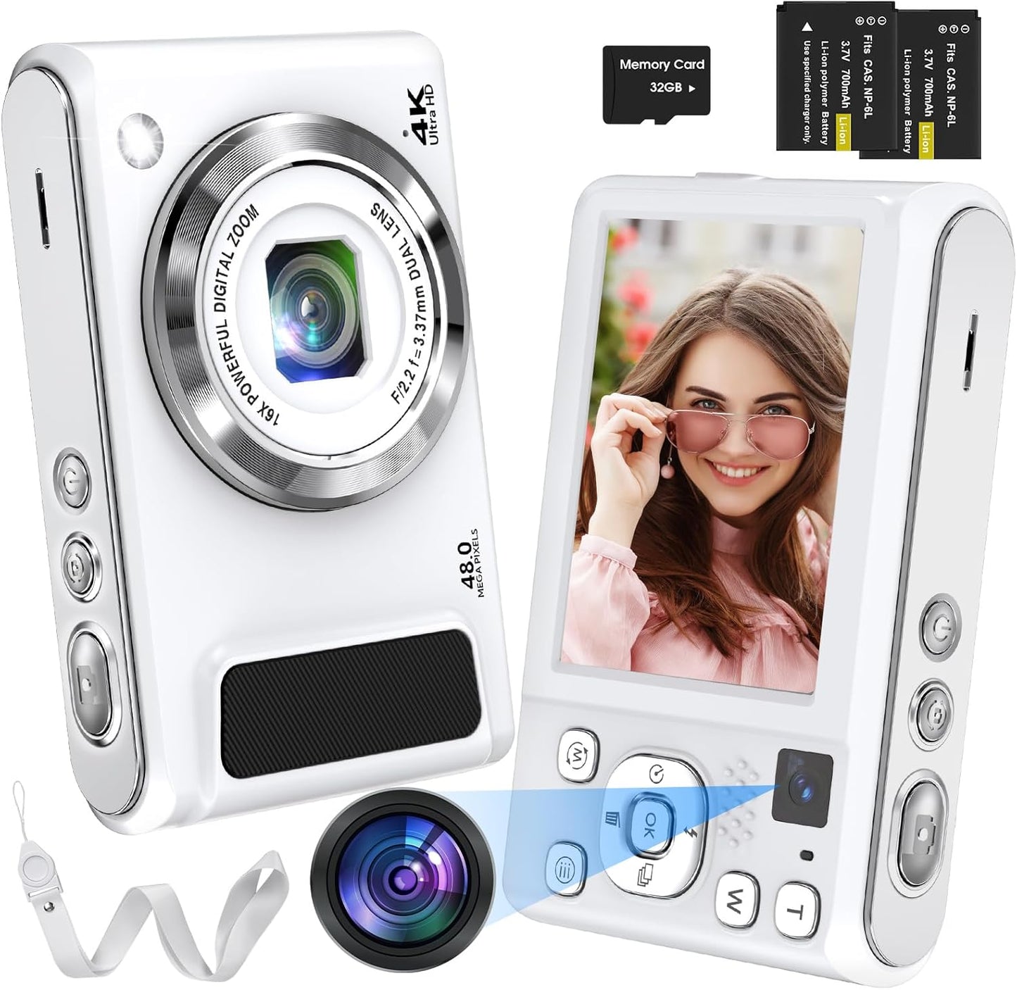 Bofypoo 4K Digital Camera, Dual Camera, 32 GB Micro SD Card Included, Long Strap, 48 Megapixels, UHD 4K Recording, 16x Digital Zoom, 2.8 Inch Screen, Video Recording, Webcam Multi-functional Camera,