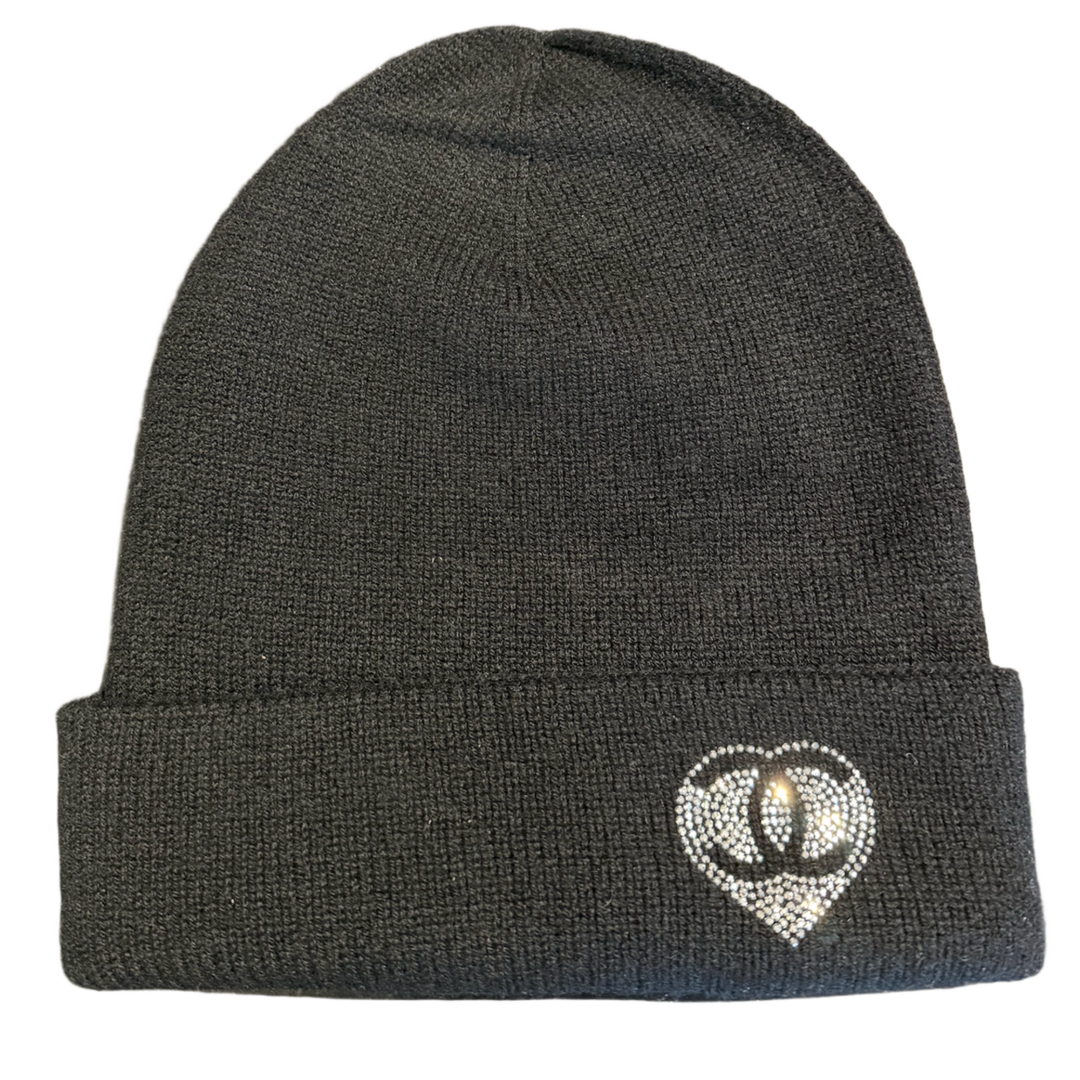 CHANEL 'CC HEART' CRYSTAL EMBELLISHED CASHMERE BLACK BEANIE