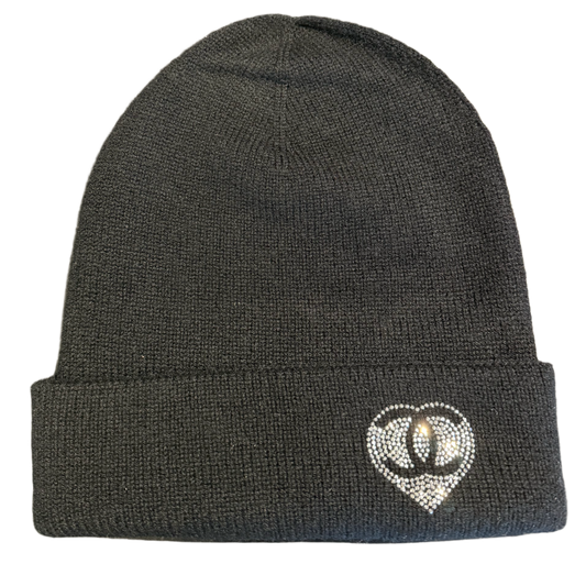 CHANEL 'CC HEART' CRYSTAL EMBELLISHED CASHMERE BLACK BEANIE