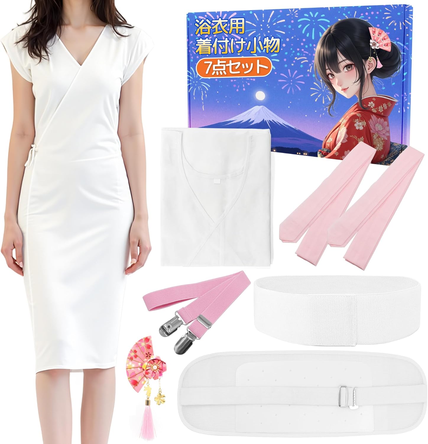 Yukata Dressing Set, 7 Piece Set of Japanese Accessories, Summer (Mesh Front Plate, 2 Waist Straps, Magic Belt, Super Breathable Yukata Slip, Kimono Hairpin, Dressing Belt), For Fireworks