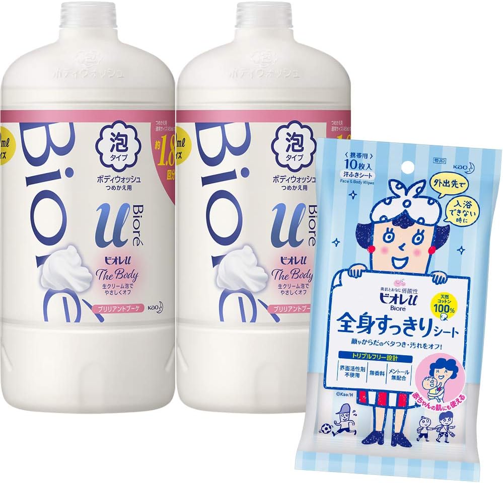 Biorelu The Body Foaming Type Brilliant Bouquet Scent Refill, 28.7 fl oz (800 ml) x 2 + Total Body Refreshing Sheet 10 Sheets