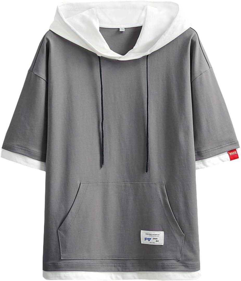 Hoodie, Men's, Half Sleeve, Summer Clothing, Short Sleeve T-Shirt, Layered Style, Loose Fit, Cotton, Hooded Sweatshirt, Stylish, Casual, Pullover
