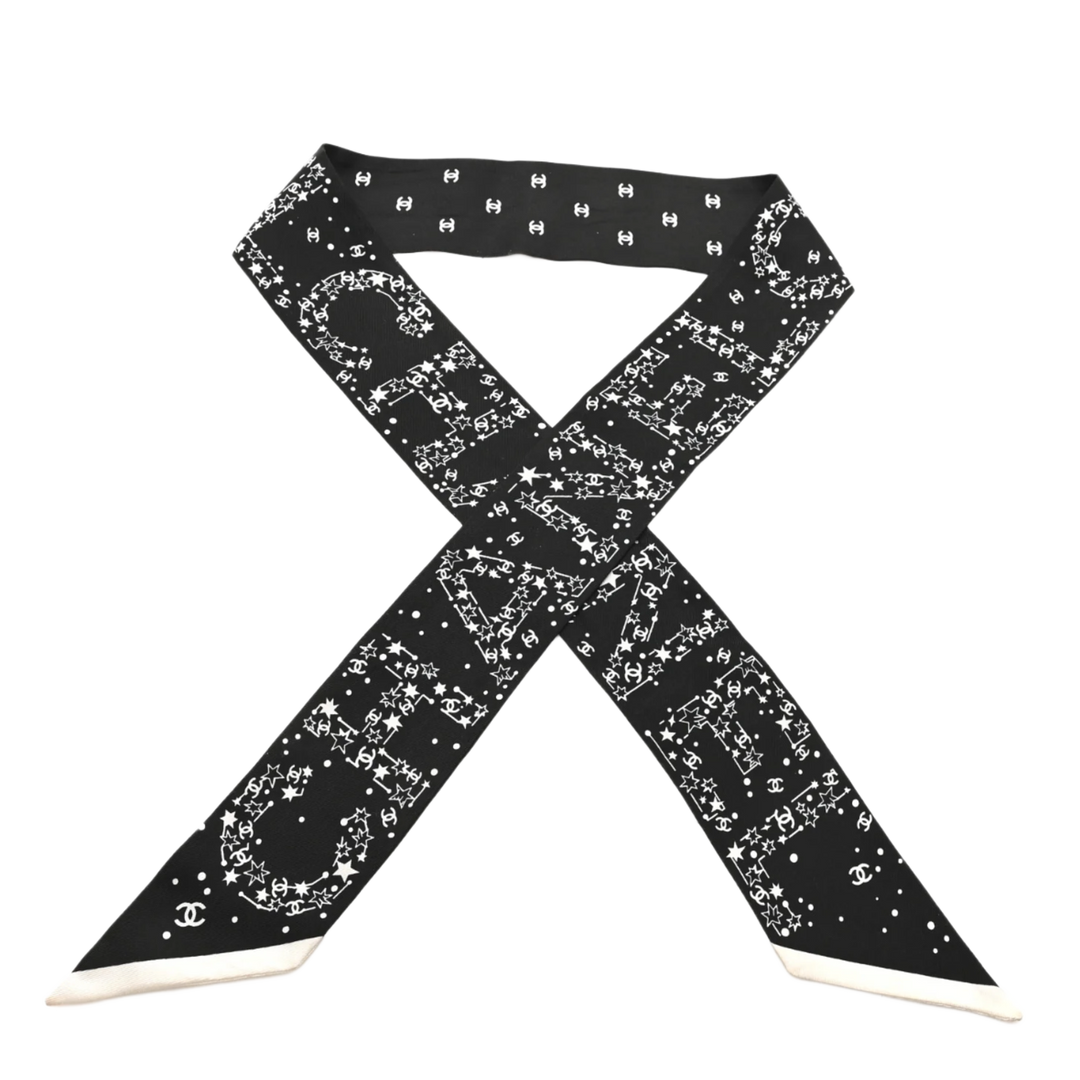 CHANEL SILK 'CHANEL' CONSTELLATION LOGO SLIM BANDEAU SCARF